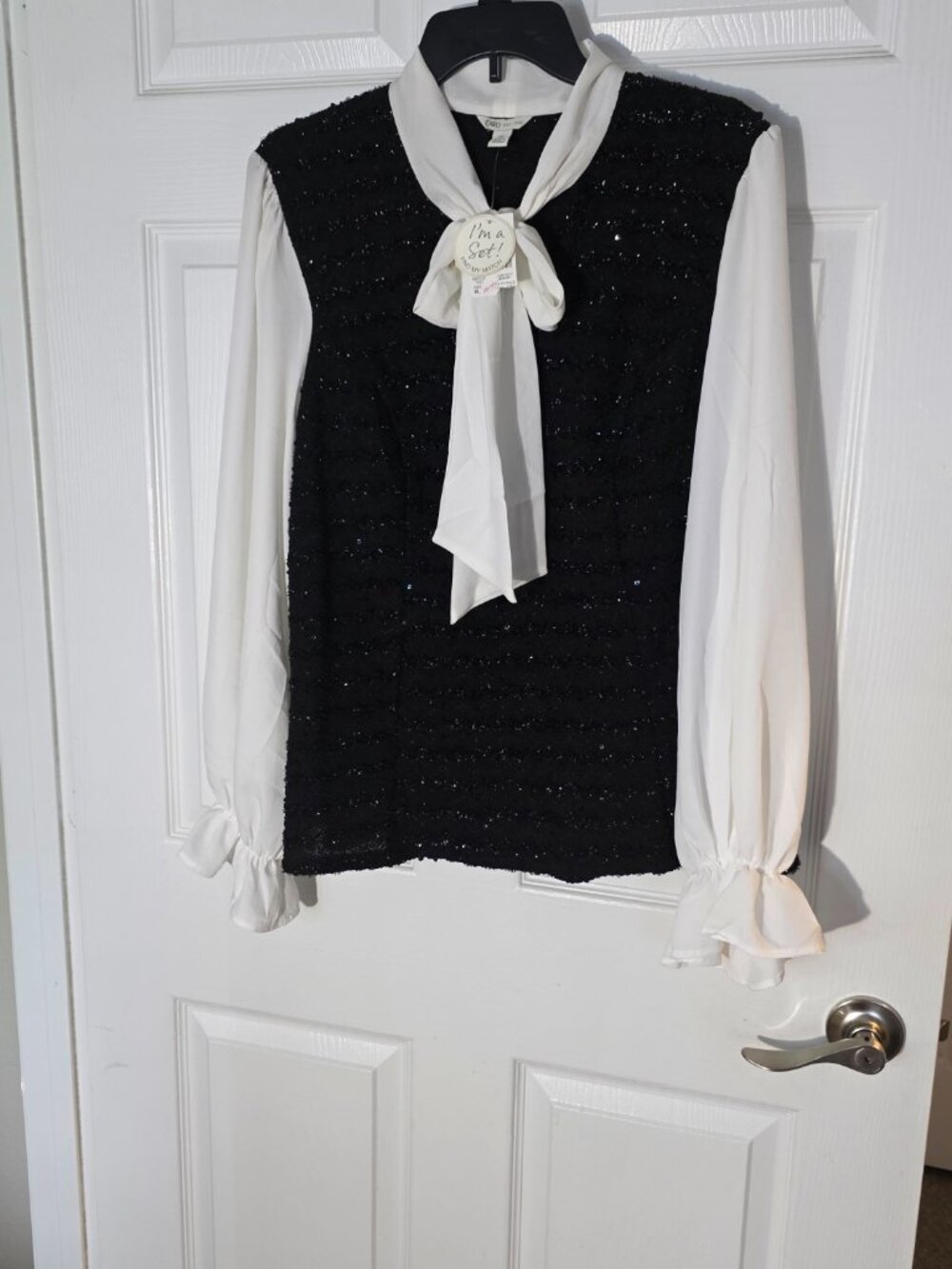 CATO women sequin shimmer black sweater with chiffon white sleeve and chiffon bo